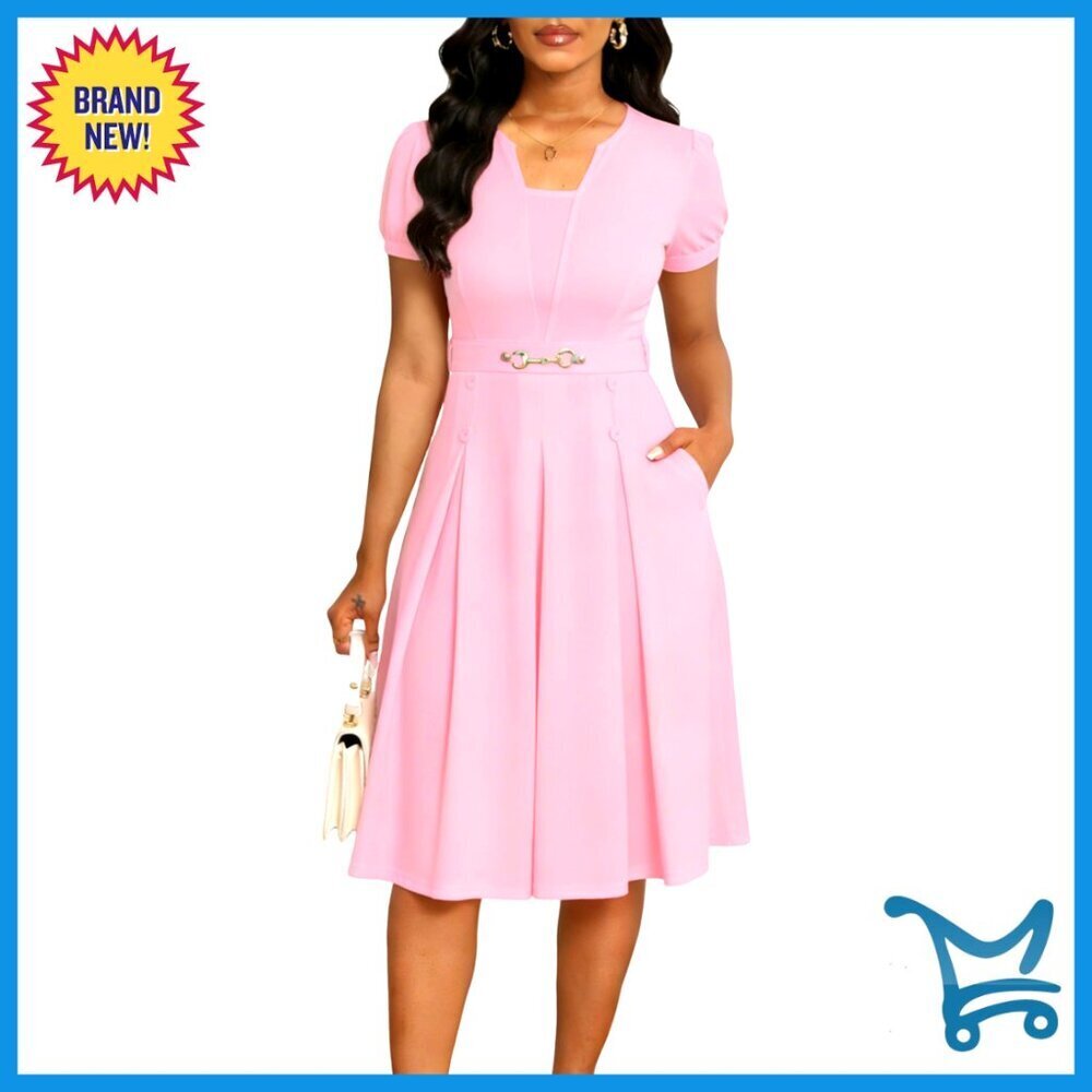 Short Sleeve Fit Flare Dress with Pockets A Line Semi Formal Work